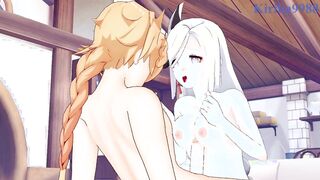 Shenhe and Aether have intense sex in the bedroom. - Genshin Impact Hentai