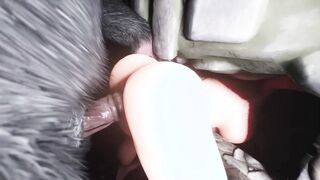 Furry minotaur made a glory hole in a stone wall, cummed on her pussy and inserted his dick