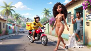 Slim Curly Brazilian Wife Gets Naked For Motoboy And Kisses Him On Sofa While Husband Watches (AI generated)