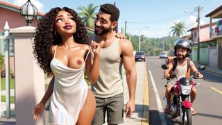 Slim Curly Brazilian Wife Gets Naked For Motoboy And Kisses Him On Sofa While Husband Watches (AI generated)