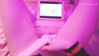 Kawaii girl masturbates after class watching lesbian hentai until squirts and pisses herself
