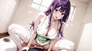 Purple Haired Bombshell Riding to Ahegao Collapse – Bed Soaked After