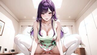 Purple Haired Bombshell Riding to Ahegao Collapse – Bed Soaked After