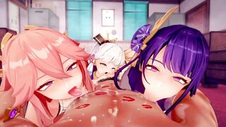 【Genshin Impact】Raiden Shogun,Yae Miko,Kamisato Ayaka,Yoimiya harem sex 3D Hentai Animation