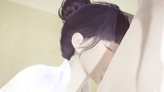 Hentai Uncensored - Shoko ducking dick, handjob and being penetrated until cumming in a library