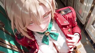 Ash-blonde Commander in the Future Teach! Crimson patent leather uniform is naughty.