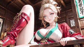 Ash-blonde Commander in the Future Teach! Crimson patent leather uniform is naughty.