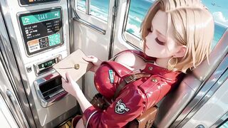 Ash-blonde Commander in the Future Teach! Crimson patent leather uniform is naughty.
