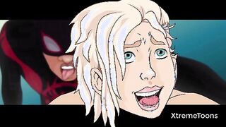 Miles Morales and Gwen Stacy cartoon fucking hard outside on a car
