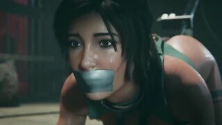 Lara Croft is a bondage slave in a dungeon, tied up and penetrated by fucking machine