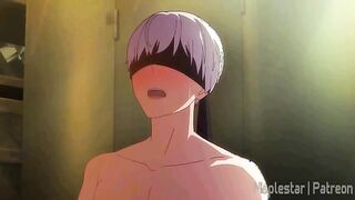 2B gives 9S a blowjob and then gets her smooth pussy creampied from the back