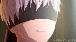 2B gives 9S a blowjob and then gets her smooth pussy creampied from the back