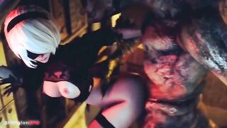 2B: Whore for Monsters - Scary monster fucks 2B with giant dick in her flexible holes