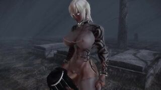Goth of the Grave - Tattooed 3D goth girl is tag team fucked by zombie futanari in cemetery