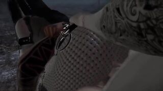 Goth of the Grave - Tattooed 3D goth girl is tag team fucked by zombie futanari in cemetery