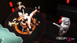 Sci-Fi 3D BDSM. Sex android fucks hard a hot cuffed hottie in restraints