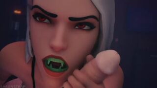 Mercy gets her futa cock sucked by Ashe while tied up