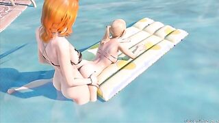 Normal Day at the Pool - Petite blonde rides futa redhead's big cock