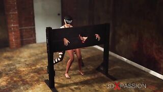 Ball gagged ebony girl in restraints gets fucked hard by big futanari cock