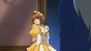 Busty hentai servant gets on her knees to suck dick then ride with her pussy