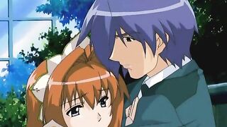 Busty hentai servant gets on her knees to suck dick then ride with her pussy