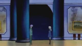 Busty hentai servant gets on her knees to suck dick then ride with her pussy