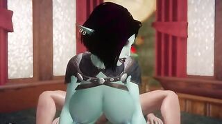 Sexy elf with huge tits gives a blowjob then shares in a 3some with her friend