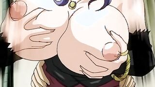 Busty anime girl with big tits gets gangbanged in her hairy pussy and mouth