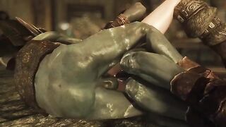 Busty elf with bald pussy gets double penetrated by goblins