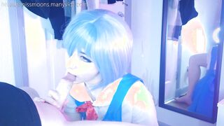 Rei Ayanami first time, fucks rough with her big oiled ass, makes step dad cum loads over cute face