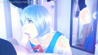 Rei Ayanami first time, fucks rough with her big oiled ass, makes step dad cum loads over cute face