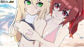 Girls have a threesome on the beach and get a great fuck [Spanish subtitle]