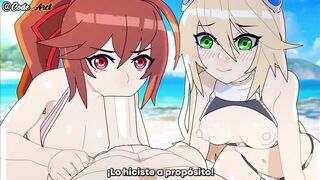 Girls have a threesome on the beach and get a great fuck [Spanish subtitle]