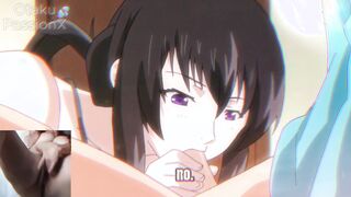 Big titted aunt gives blowjob to hentai virgin and he spits cum on her face!!