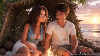 Woman And Young Man Have Passionate Survival Romance On Deserted Island (AI generated)