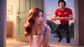 Woman Has Passionate Night With Pizza Delivery Man Wearing Helmet In Bedroom (AI generated)