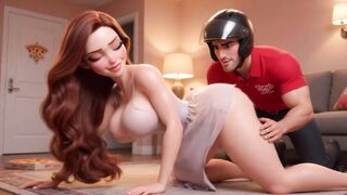 Woman Has Passionate Night With Pizza Delivery Man Wearing Helmet In Bedroom (AI generated)