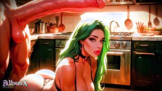 GREEN HAIR MILF Dreams of Huge Cocks While Her Husband's at Work — Kitchen Tease ( AI Animated)