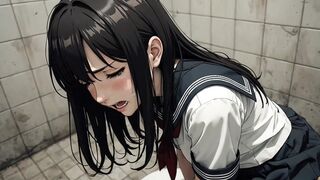A female student squatting down in the bathroom, exposing her big butt